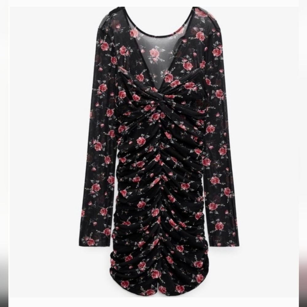 Zara Ruched Tulle Rose Pattern Dress with Mesh Long Sleeves - Picture 5 of 14